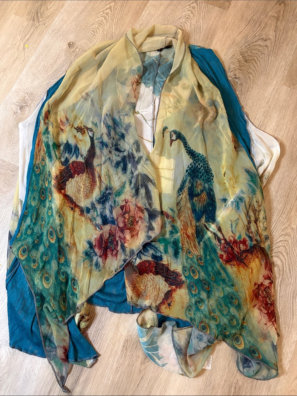 The Pyramid Collection Peacock Chiffon Flowy Kimono Cardigan Shawl size large
